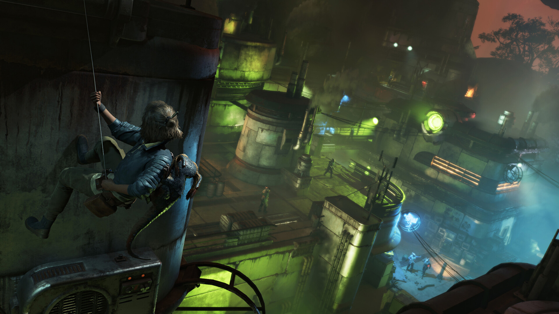 Star Wars Outlaws protagonist Kay Vess climbing up the side of a building over a town in the game's Switch 2 version