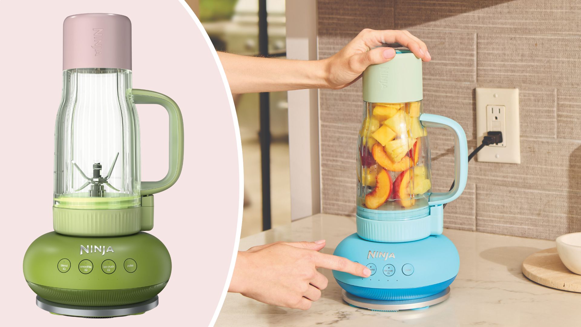 Compilation image of the Ninja Blendboss in green and pink as a cutout and in a kitchen filled with fruit in the blue colour