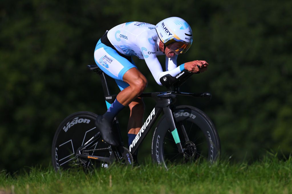 DIFFERDANGE LUXEMBOURG SEPTEMBER 21 Antonio Tiberi of Italy and Team Bahrain Victorious White Best Young Rider Jersey sprints during the 84th Tour de Luxembourg 2024 Stage 4 a 155km individual time trial stage from Differdange to Differdange UCIWT on September 21 2024 in Differdange Luxembourg Photo by Tim de WaeleGetty Images
