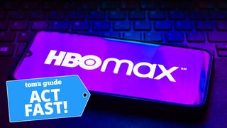 A phone display with the HBO Max logo and a Tom's Guide deal tag