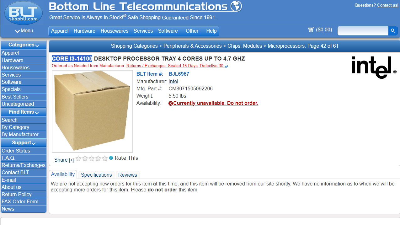 A screenshot of the i3-14100 listing on ShopBLT.