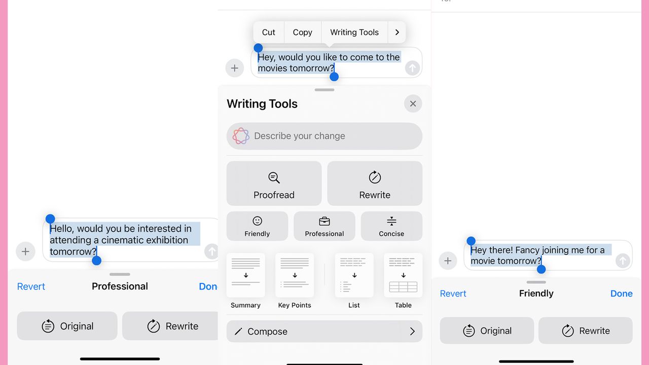 AI text editing on the iPhone 16e