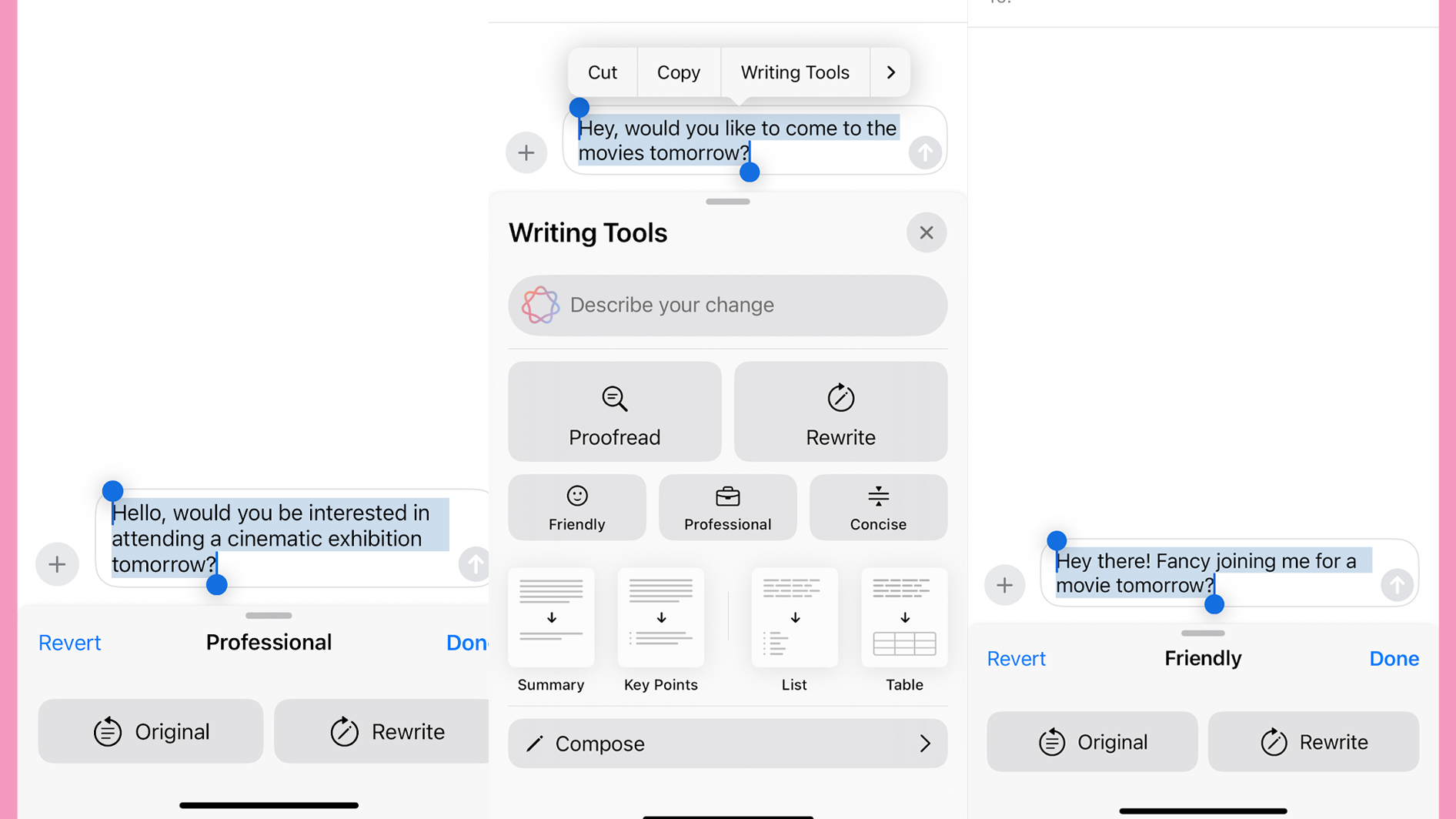 AI text editing on the iPhone 16e