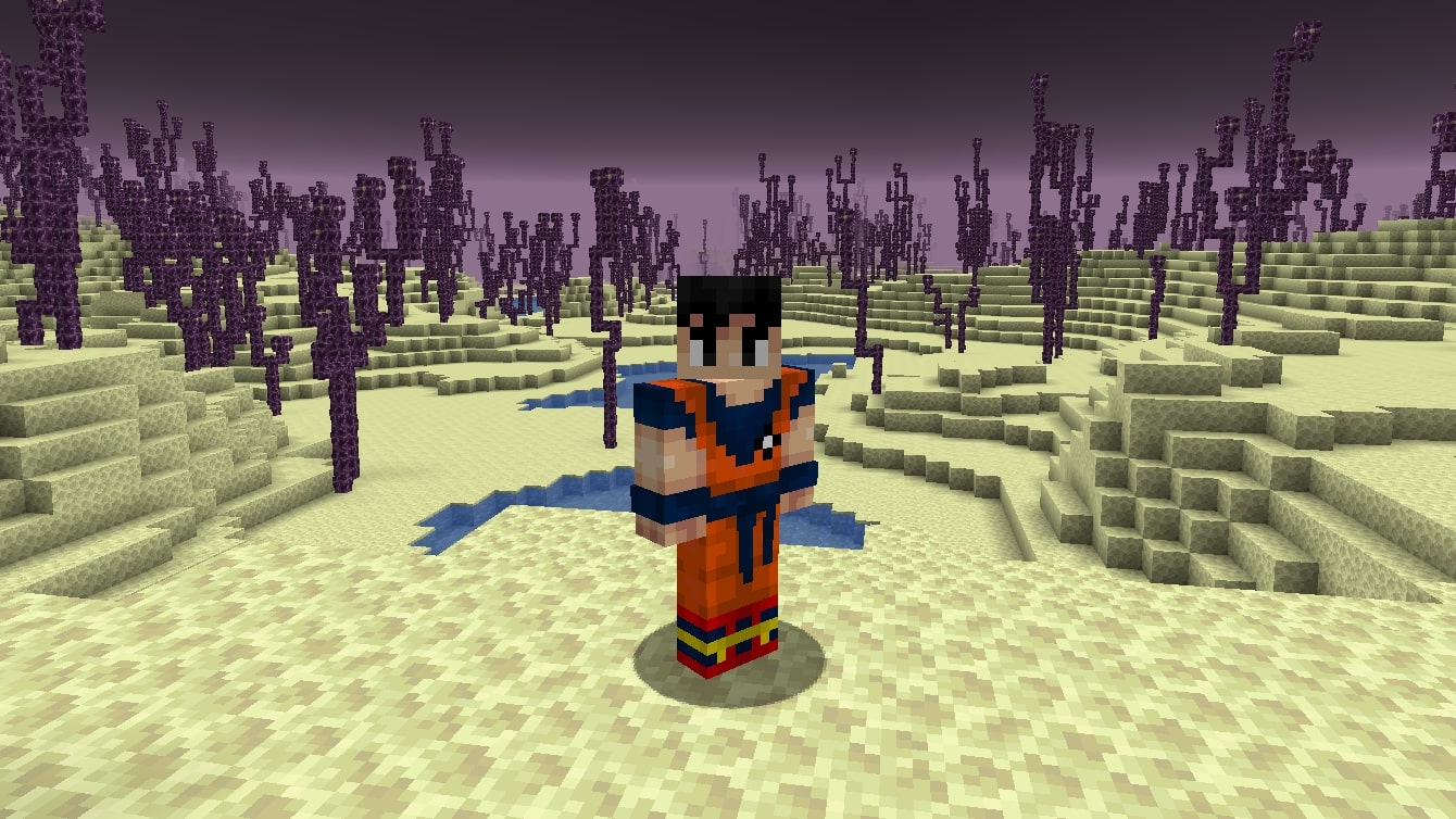 Uma skin de anime Minecraft de Goku com sua roupa de luta laranja exclusiva