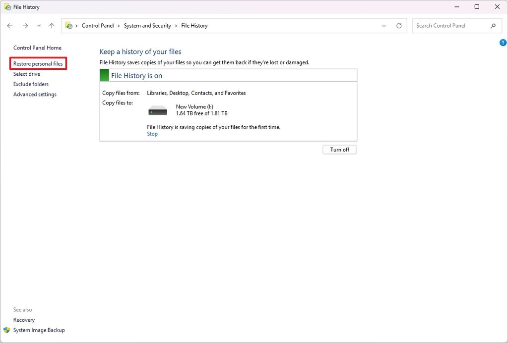 File History restore personal files