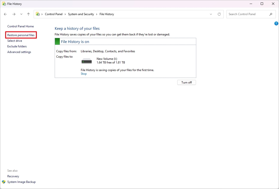 File History restore personal files