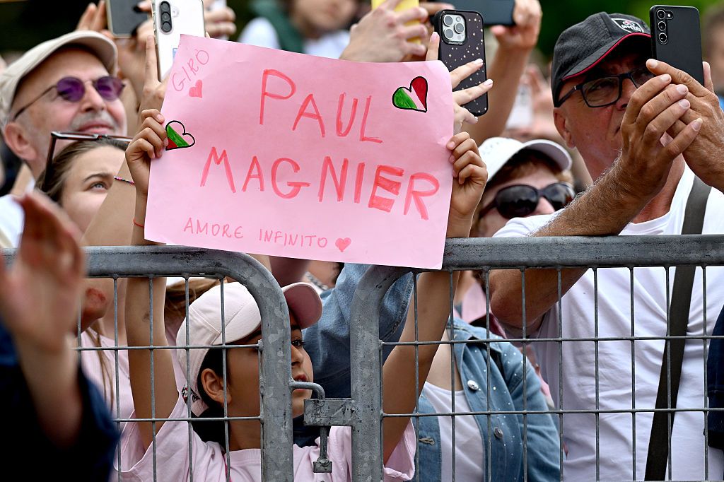 SOFIA, BULGARIA - MAY 10: Fans of Paul Magnier of France and Team Soudal Quick-Step cheers at finish line during the 109th Giro d&amp;apos;Italia 2026, Stage 3 a 175km stage from Plovdiv to Sofia / #UCIWT / on May 10, 2026 in Sofia, Bulgaria. (Photo by Dario Belingheri/Getty Images)