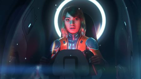 A woman in an underwater suit receiving a danger warning during the trailer for Subnautica 2. 