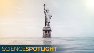 A manipulated image of the Statue of Liberty with sea level rise bringing water up to her feet