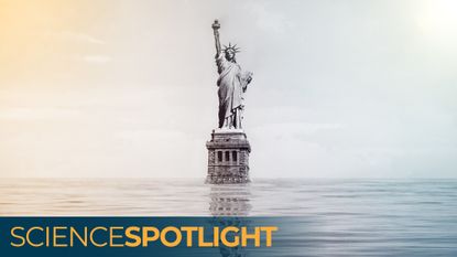 A manipulated image of the Statue of Liberty with sea level rise bringing water up to her feet