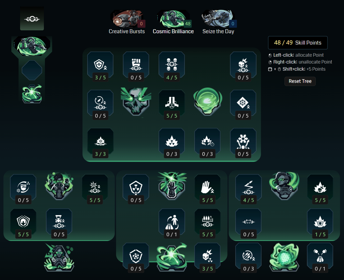 Borderlands 4 Harlowe builds: A screenshot of Harlowe&#039;s Cosmic Brilliance tree for her Nuclear Winter build from Maxroll&#039;s builder.