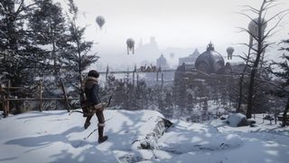 An image of the Lies of P protagonist standing in a barren snowy area overlooking a grand mansion