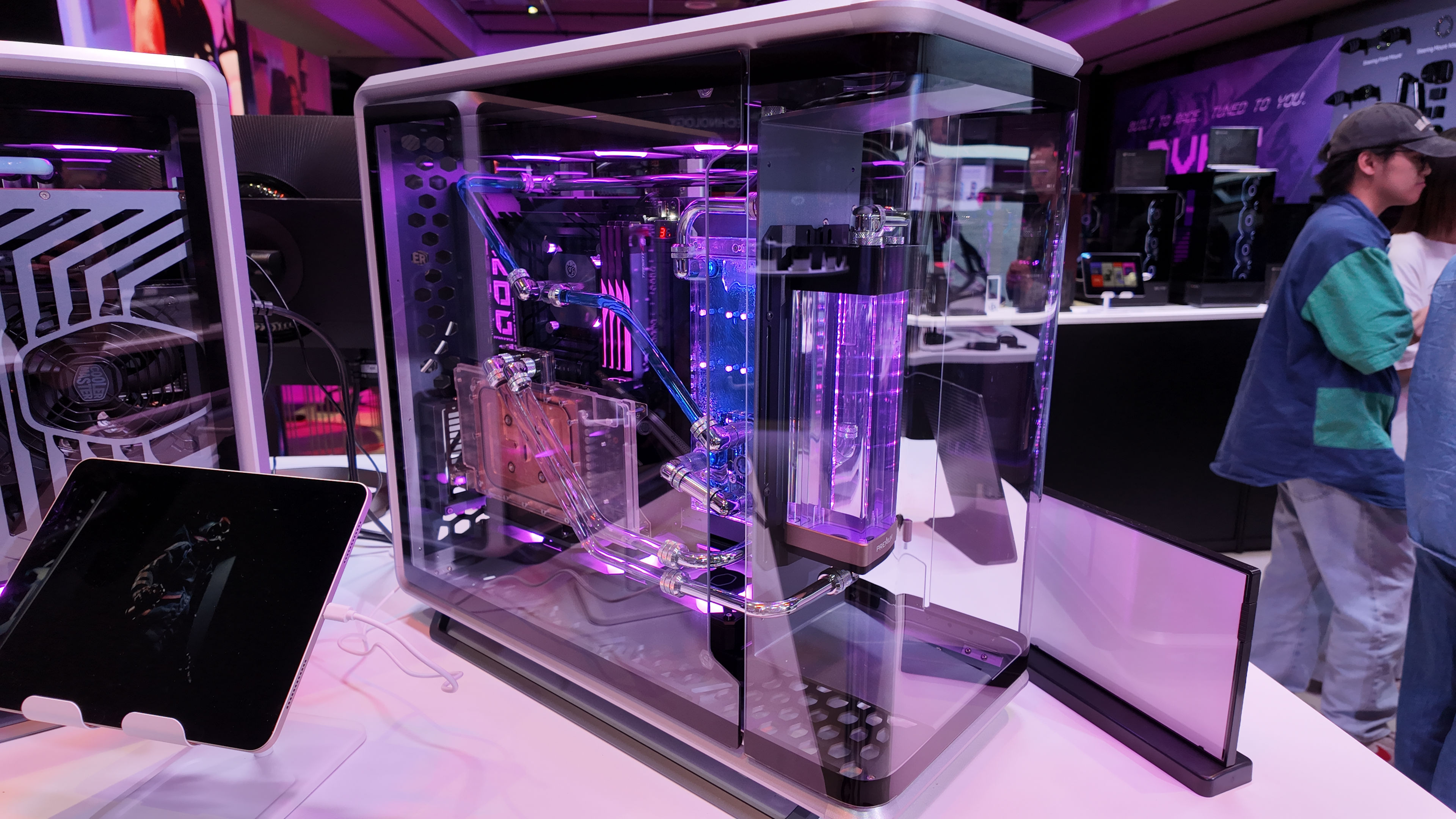 A photo of the Cooler Master MasterFrame 360 Panoramic PC case, as displayed at Computex 2025
