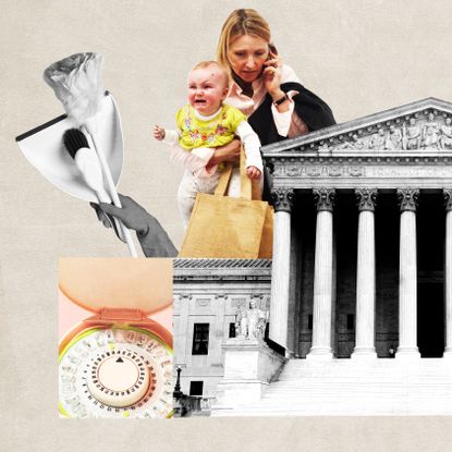 A collage showing elements of being a working mom as well as contraception and the government