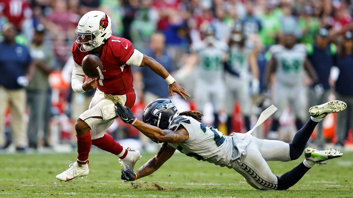 Ryan Neal #26 of the Seattle Seahawks forces a fumble on Kyler Murray #1 of the Arizona Cardinals during an NFL Football game between the Arizona Cardinals and the Seattle Seahawks at State Farm Stadium on November 06, 2022 in Glendale, Arizona.