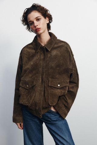 100% Suede Bomber Jacket With Pockets