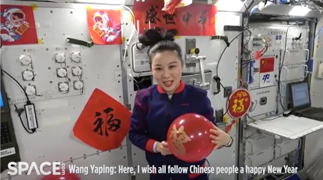 Chinese astronauts on the Tiangong space station module Tianhe decorated their space home for the lunar new year to ring in the Year of the Tiger in orbit on Feb. 1, 2022.