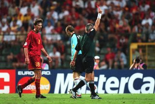 Belgium goalkeeper Filip De Wilde is sent off in a game against Turkey at Euro 2000.
