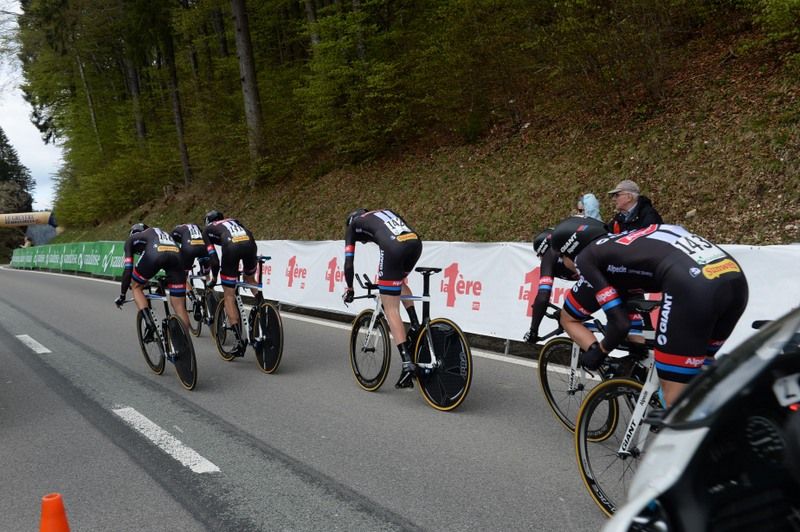 Giant-Alpecin riding up a slight incline as they finished 13th