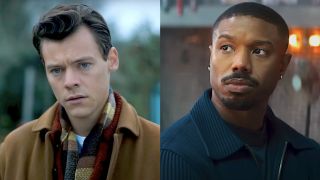 Harry Styles wearing a scarf in My Policeman/ Michael B. Jordan in Creed 3 (side by side image)