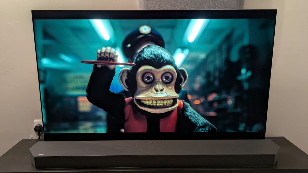LG G5 with a shot of the monkey from The Monkey (2025) 4K Blu-ray on screen