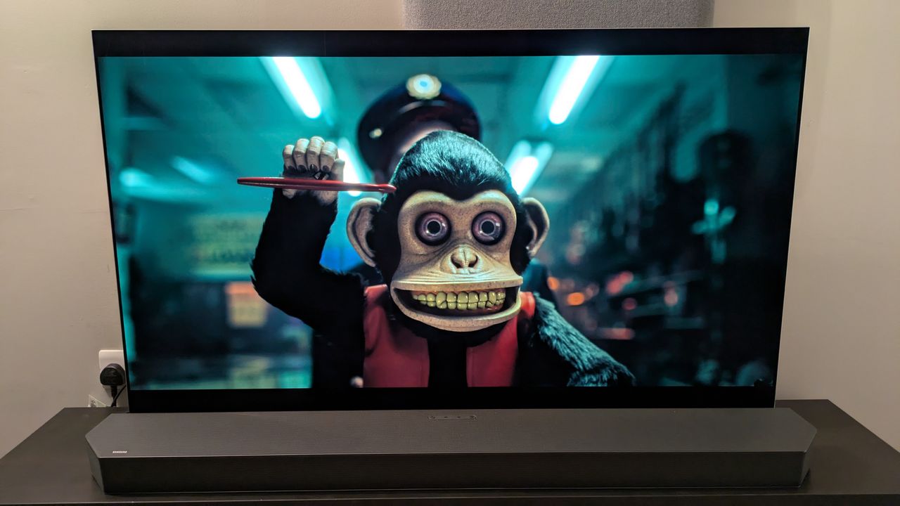 LG G5 with a shot of the monkey from The Monkey (2025) 4K Blu-ray on screen