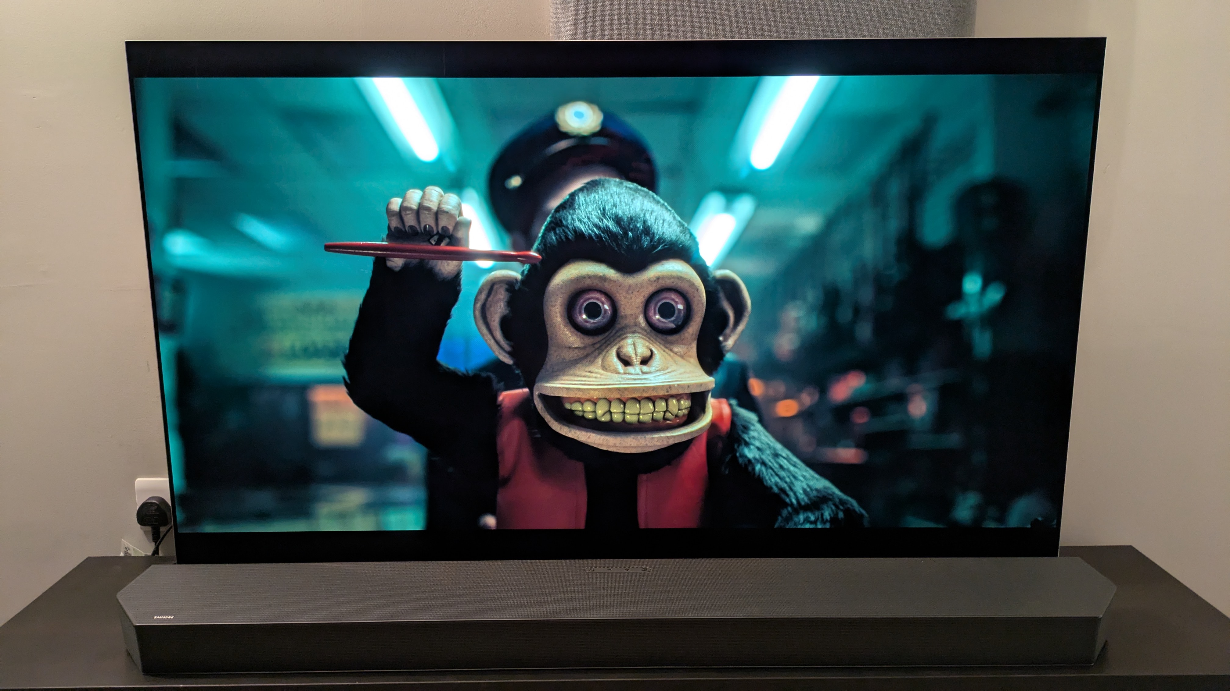 LG G5 with a shot of the monkey from The Monkey (2025) 4K Blu-ray on screen