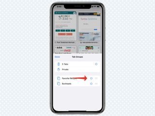 A red arrow points at the three dots button in the Tab Groups menu in Safari in iOS 15