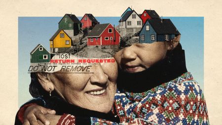 Photo collage of an Inuit woman holding a child, both dressed in traditional attire. Their faces are obscured by a village of colourful homes typical to Greenland