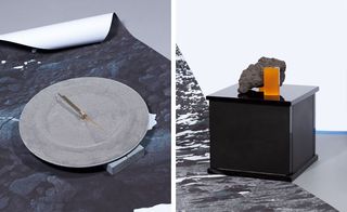 Left: 'Hours' clock, comprising a brass clock hand spinning on a basalt plate filled with three types of lavic sand. Right: 'Filicudi' glass box.