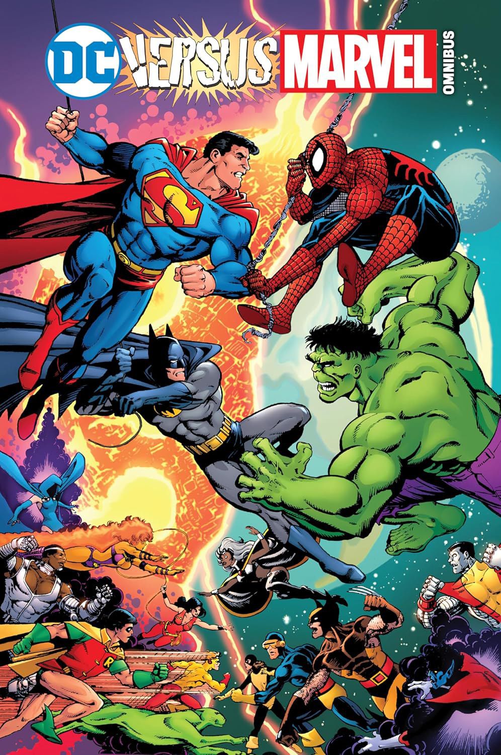 The cover for last year's DC Versus Marvel Omnibus shows Superman and Batman take on Spider-Man and the Hulk.