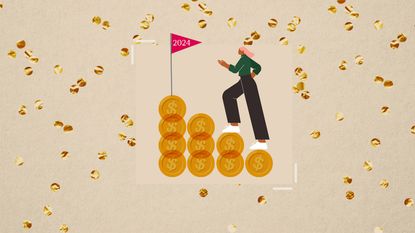 Illustration of person climbing a staircase made out of cold coins