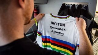 Charlie Hatton checking out the rainbow jersey