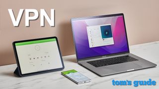 VPN apps running on a laptop, phone, and tablet.