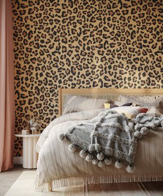 bedroom with leopard print wallpaper