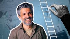 Can you retire at 50? How much pension do you need concept with ladder, man and money 