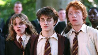 A screenshot of Harry Potter, Hermione Granger and Ron Weasley looking shocked in one of the Harry Potter movies