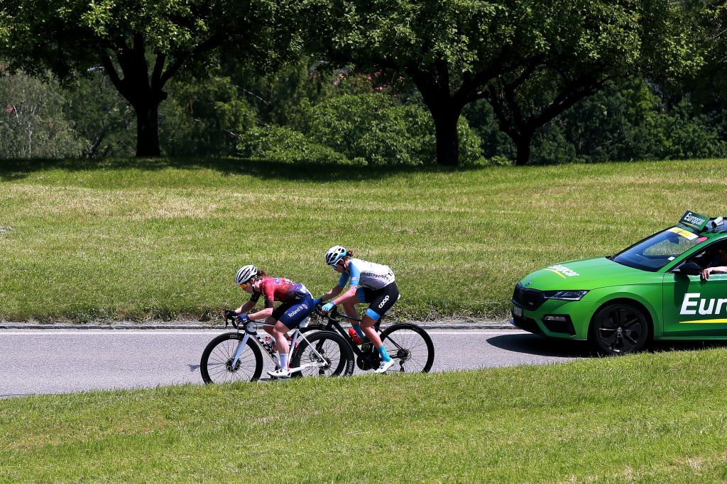 CHUR SWITZERLAND JUNE 20 LR Aline Seitz of Switzerland and Team Roland Cogeas Edelweiss Squad and Christa Riffel of Germany and Team Coop Hitec Products compete in the breakaway during the 2nd Tour de Suisse Women 2022 Stage 3 a 1242km stage from Vaduz to Chur on June 20 2022 in Chur Switzerland Photo by Heinz ZwickyGetty Images