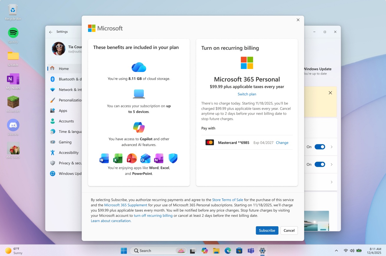 Microsoft 365 subscription management screen on Windows 11 showing plan benefits, cloud storage usage, Copilot access, Office apps, and an option to enable recurring billing.