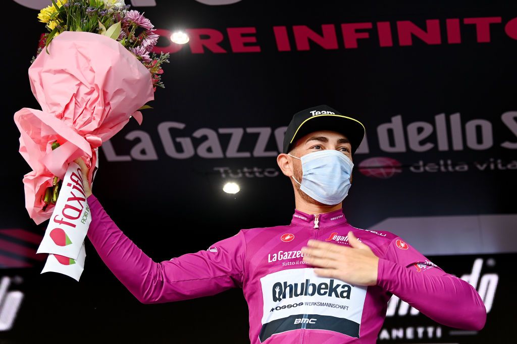 Giacomo Nizzolo of Team Qhubeka Assos celebrates in the Purple Points Jersey after stage 5 of the 2021 Giro d&#039;Italia