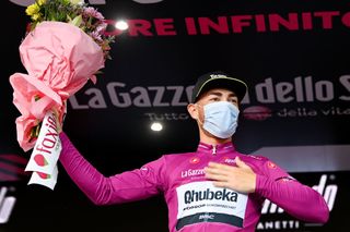 Giacomo Nizzolo of Team Qhubeka Assos celebrates in the Purple Points Jersey after stage 5 of the 2021 Giro d'Italia