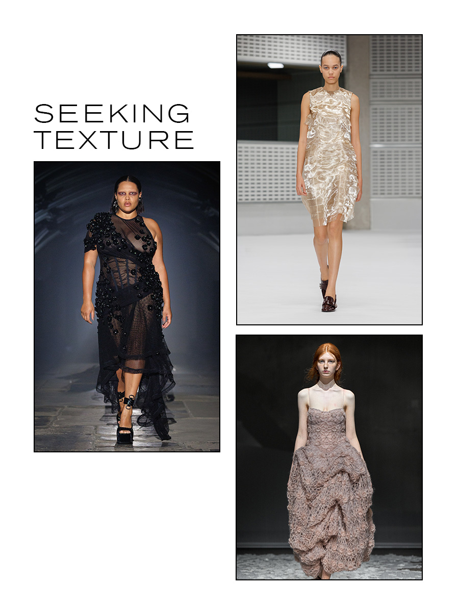 A slide with images from the S/S 27 London Fashion Week shows with the title, "Seeking Texture," representing texture on the runway.