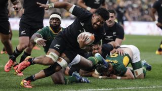 New Zealand's number eight Ardie Savea scores a try in the third Rugby's Greatest Rivalry international rugby union match against South Africa at the FNB Stadium in Johannesburg, on September 5, 2026