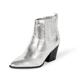 The Drop Women's Sia Pointed Toe Western Ankle Boot, Silver Snake, 9