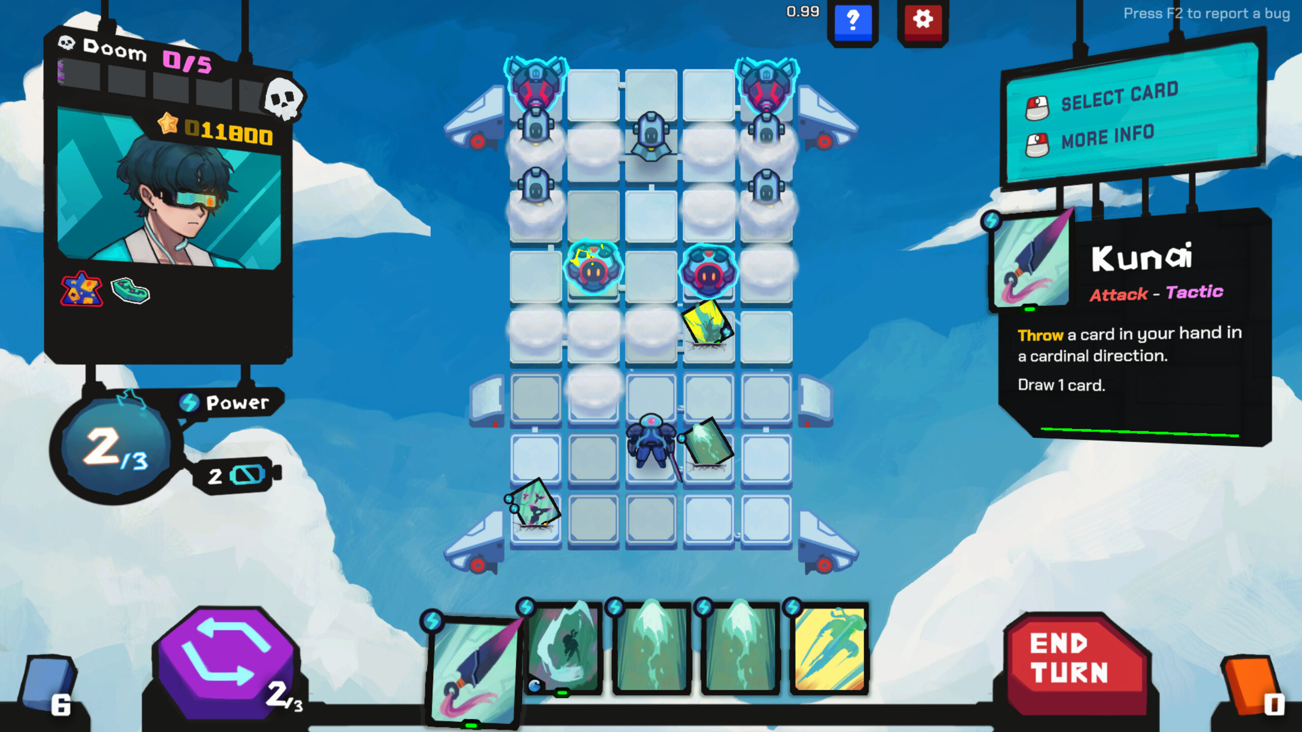 A screenshot shows a grid in the deckbuilder StarVaders among clouds and a blue sky