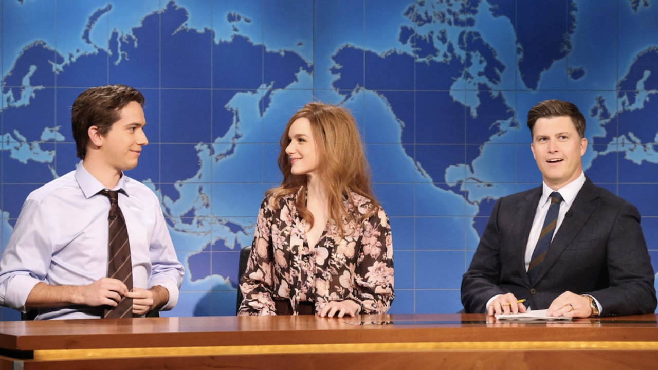 Ashley Padilla at Weekend Update desk with Colin Jost and Andrew Dismukes in Saturday Night Live Season 51