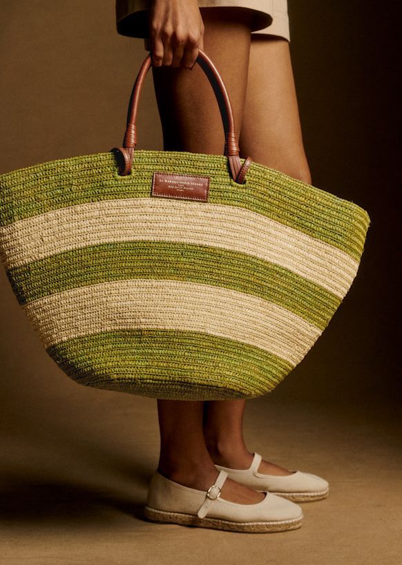 Justine Maxi Basket Bag - Raffia Green Stripes - Raffia - Sézane