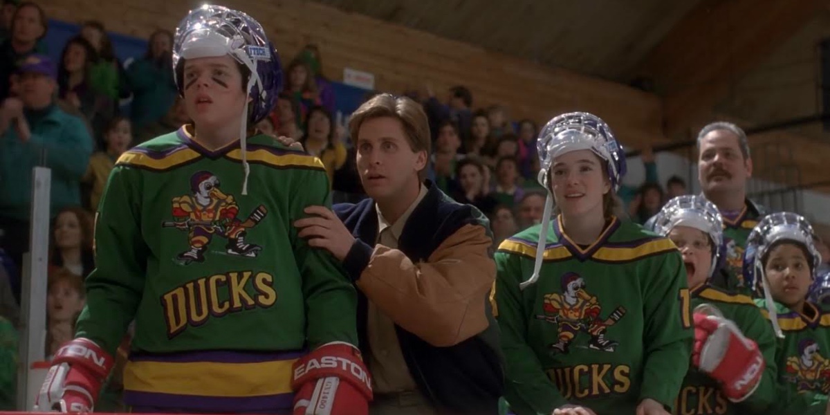 Emilio Estevez, Marguerite Moreau and Elden Henson in The Mighty Ducks.