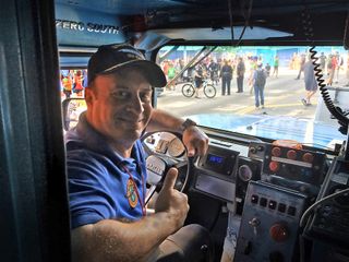 Former NASA astronaut Garret Reisman drove an electric-powered Hummer to lead the March for Science Los Angeles on April 22, 2017.