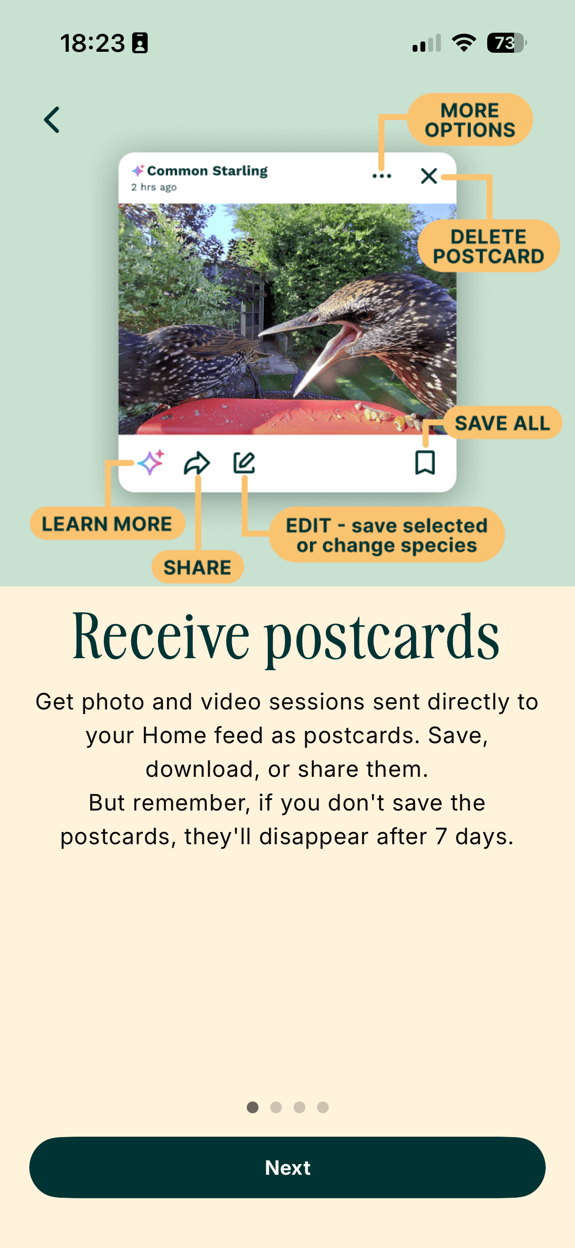 Screenshots from the Bird Buddy 2 app interface